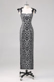 Grey Leopard Sheath Printed Formal Dress with Bows