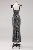 Grey Leopard Sheath Printed Formal Dress with Bows