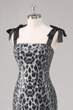 Grey Leopard Sheath Printed Formal Dress with Bows