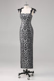 Grey Leopard Sheath Printed Formal Dress with Bows