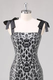 Grey Leopard Sheath Printed Formal Dress with Bows