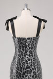 Grey Leopard Sheath Printed Formal Dress with Bows