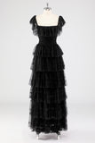 Black Square Neck Lace A Line Tiered Formal Dress