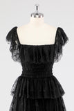 Black Square Neck Lace A Line Tiered Formal Dress