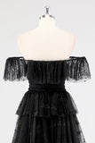 Black Square Neck Lace A Line Tiered Formal Dress