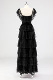 Black Square Neck Lace A Line Tiered Formal Dress