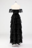 Black Square Neck Lace A Line Tiered Formal Dress
