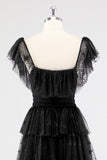 Black Square Neck Lace A Line Tiered Formal Dress