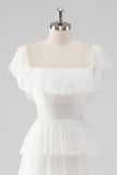 Black Square Neck Lace A Line Tiered Formal Dress