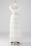 Black Square Neck Lace A Line Tiered Formal Dress