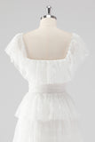 Black Square Neck Lace A Line Tiered Formal Dress