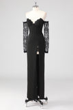 Black Corset Lace Sleeves Sheath Formal Dress with Slit
