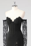 Black Corset Lace Sleeves Sheath Formal Dress with Slit