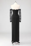 Black Corset Lace Sleeves Sheath Formal Dress with Slit
