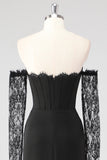 Black Corset Lace Sleeves Sheath Formal Dress with Slit
