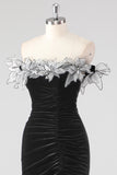 Black Ruched 3D Flowers Mermaid Formal Dress with Slit