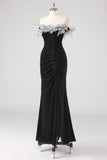Black Ruched 3D Flowers Mermaid Formal Dress with Slit