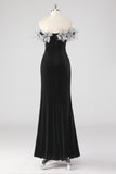 Black Ruched 3D Flowers Mermaid Formal Dress with Slit