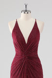 Sparkly Burgundy Twist Front Sheath Formal Dress with Slit