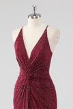Sparkly Burgundy Twist Front Sheath Formal Dress with Slit