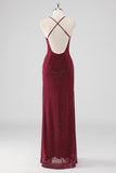 Sparkly Burgundy Twist Front Sheath Formal Dress with Slit