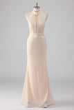 Glitter Cream Halter Keyhole Mermaid Formal Dress