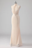 Glitter Cream Halter Keyhole Mermaid Formal Dress