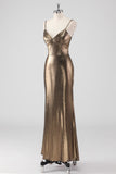 Metallic Golden Spaghetti Straps Mermaid Formal Dress