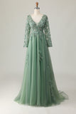 V-Neck Sage Applique A-Line Pleated Formal Dress