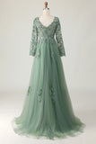 V-Neck Sage Applique A-Line Pleated Formal Dress