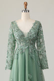 V-Neck Sage Applique A-Line Pleated Formal Dress