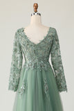 V-Neck Sage Applique A-Line Pleated Formal Dress