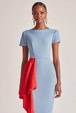 Sheath Blue Ankle Length Mother of the Bride Dress with a Red Ruffle