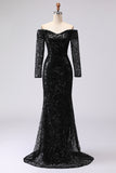 Lace Black Mermaid Off the Shoulder Formal Dress with Long Sleeves