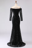 Lace Black Mermaid Off the Shoulder Formal Dress with Long Sleeves