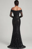 Lace Black Mermaid Off the Shoulder Formal Dress with Long Sleeves
