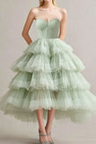 Sage Ball Gown Strapless Tiered Tulle Formal Dress