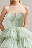 Sage Ball Gown Strapless Tiered Tulle Formal Dress