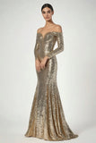 Sparkly Golden Off the Shoulder Sequined Sheath Formal Dress