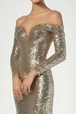 Sparkly Golden Off the Shoulder Sequined Sheath Formal Dress