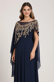 Navy Beaded Chiffon Sheath Mother of the Bride Dress with Shawl Overlay