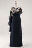 Navy Long Beaded Chiffon Sheath Mother of the Bride Dress with Shawl
