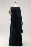 Navy Long Beaded Chiffon Sheath Mother of the Bride Dress with Shawl