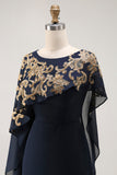 Navy Long Beaded Chiffon Sheath Mother of the Bride Dress with Shawl