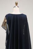 Navy Long Beaded Chiffon Sheath Mother of the Bride Dress with Shawl