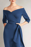 Navy Off the Shoulder Sheath Mother of the Bride Dress with Sash