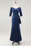 Navy Off the Shoulder Sheath Mother of the Bride Dress with Sash