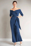 Navy Off the Shoulder Sheath Mother of the Bride Dress with Sash