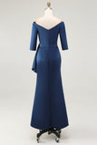 Navy Off the Shoulder Sheath Mother of the Bride Dress with Sash