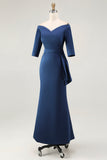 Navy Sheath Off the Shoulder Mother of the Bride Dress with Sash